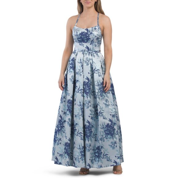 R&M RICHARDS BLUE MULTI Made In Usa Floral Print Brocade Gown - Picture 1 of 2